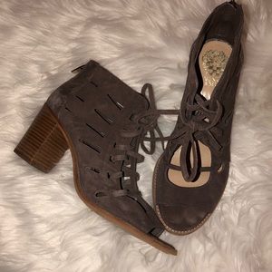 Vince Camuto suede taupe lace up heels